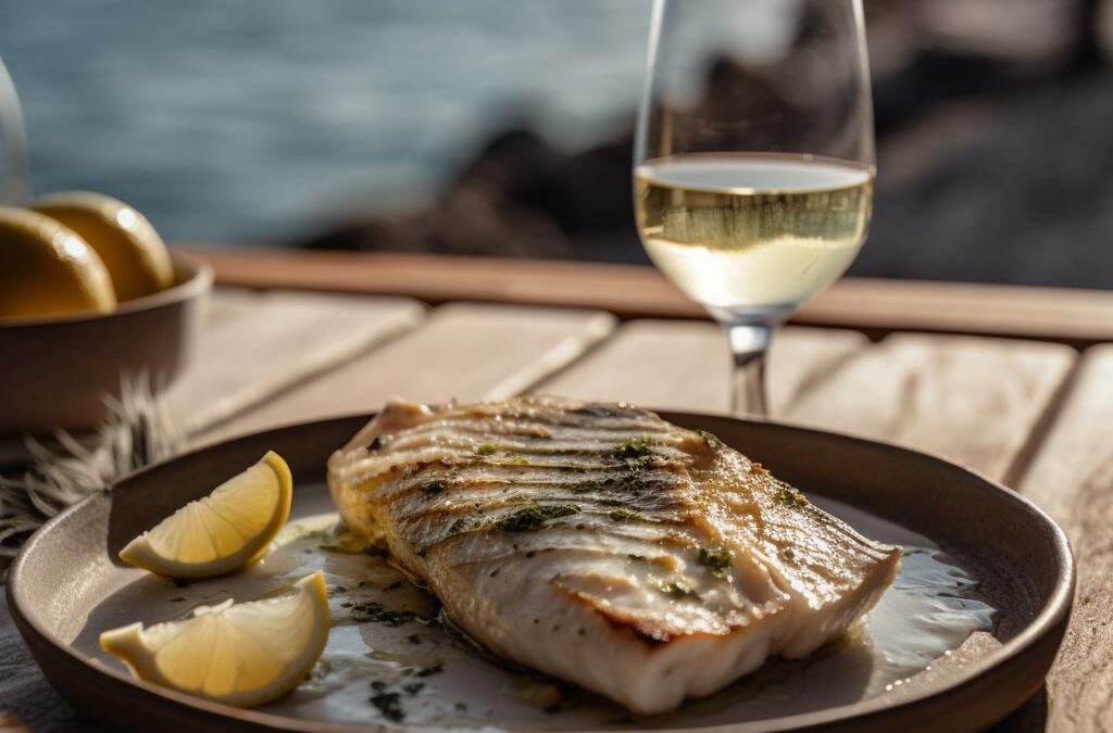 Plato de pescado, una copa de vino y el mar de fondo