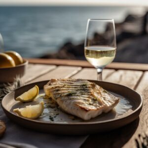 Plato de pescado, una copa de vino y el mar de fondo