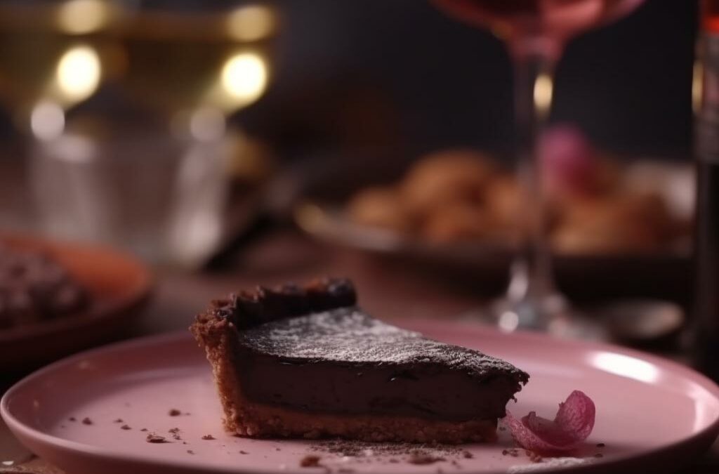 Tarta de chocolate sobre un plato rosa y algunas copas de vino, mostradas en un fondo borroso