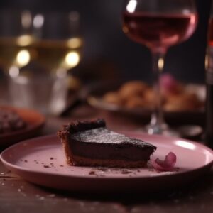 Tarta de chocolate sobre un plato rosa y algunas copas de vino, mostradas en un fondo borroso