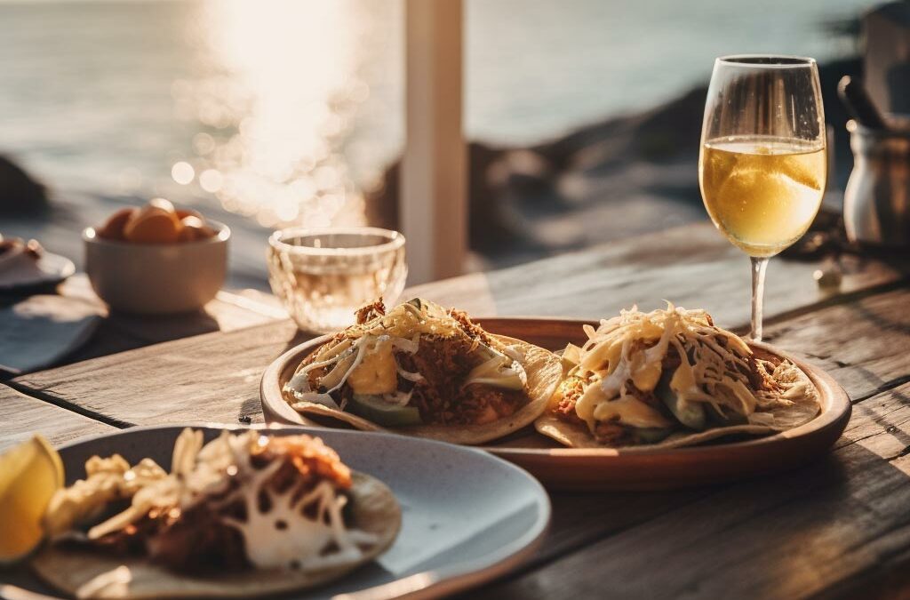 Tacos sobre una mesa, una copa de vino y el mar de fondo