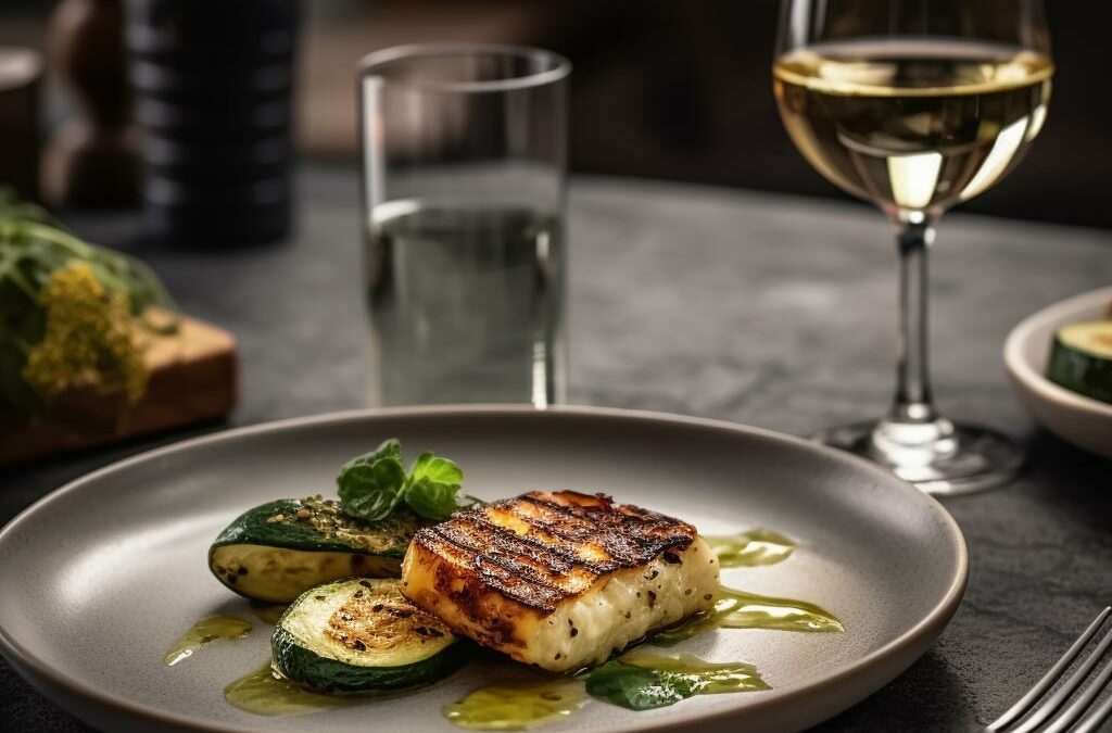 Plato con algunos elementos vegetarianos en destaque. Una copa de vino y otros elementos mostrados en un fondo borroso