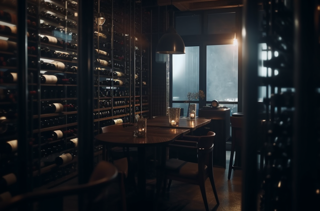 Una imagen de una mesa en un restaurante de lujo, con varias botellas de vino en las paredes.
