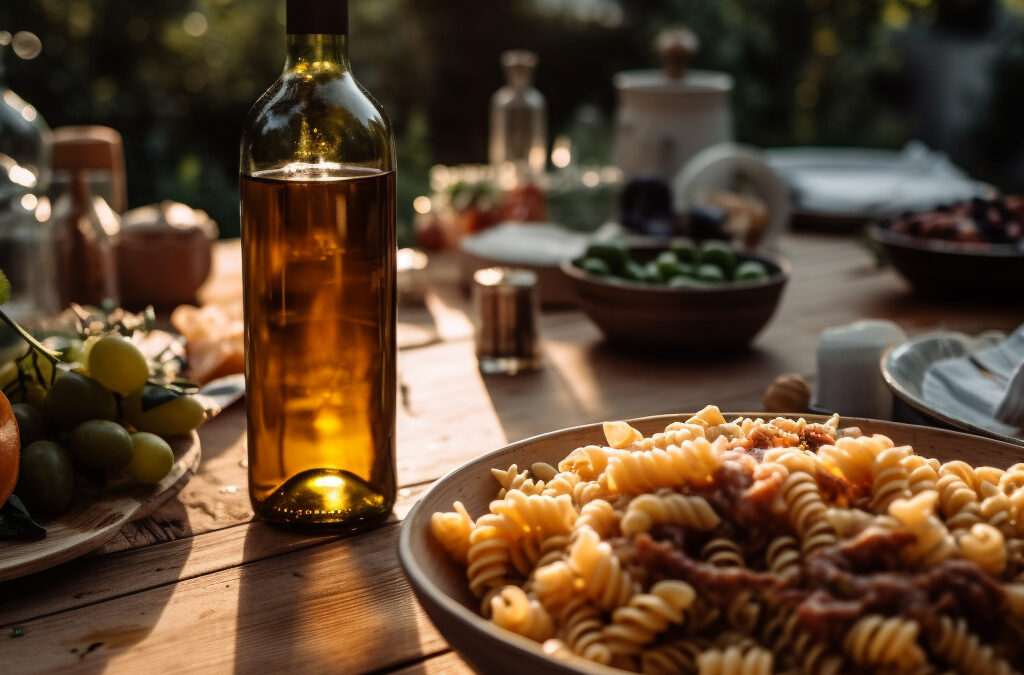 Un plato de pasta en una mesa rústica, una botella de vino y varios otros platos en la mesa