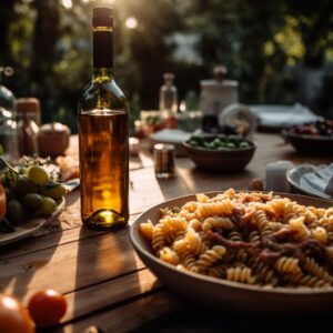 Un plato de pasta en una mesa rústica, una botella de vino y varios otros platos en la mesa