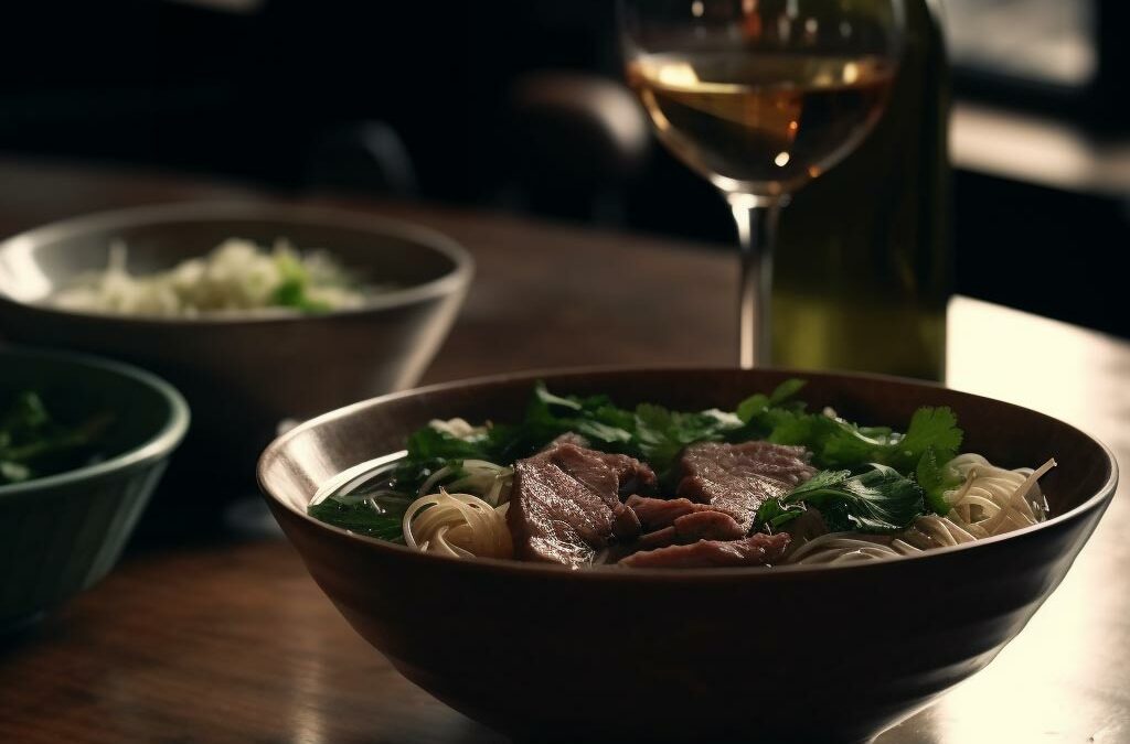 Plato de noodles junto con una copa de vino blanco