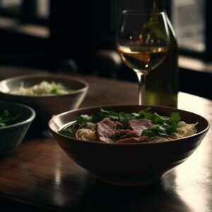 Plato de noodles junto con una copa de vino blanco