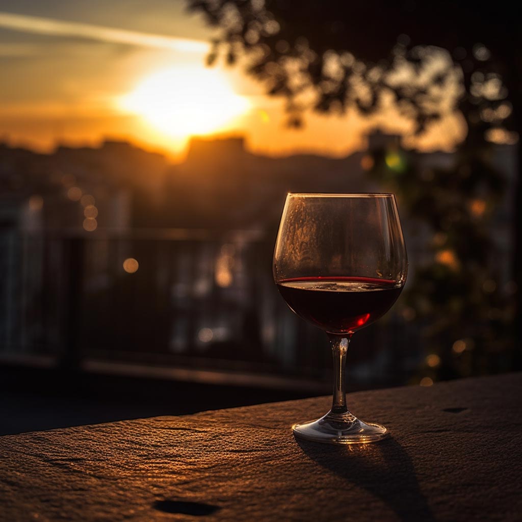 Copa de vino en un atardecer