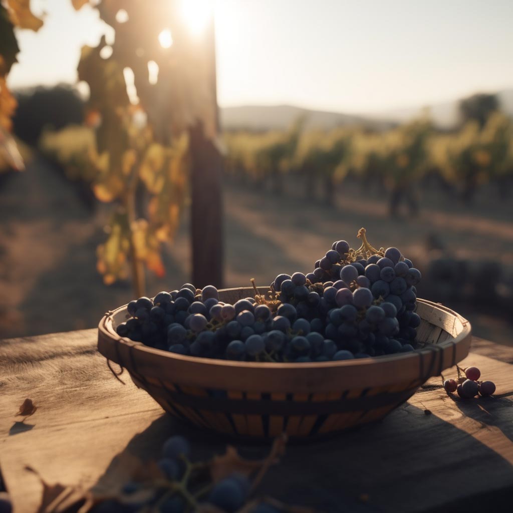 Uvas en una cesta, viñedo en el fondo.