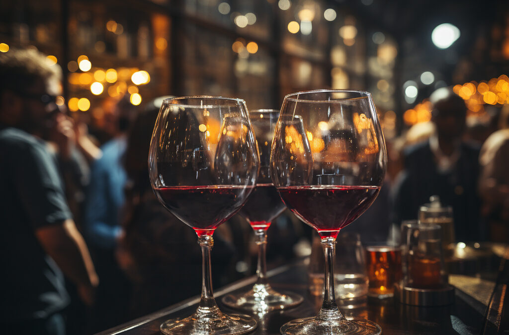 Un bar con personas desenfocadas en el fondo y copas de vino en una mesa.