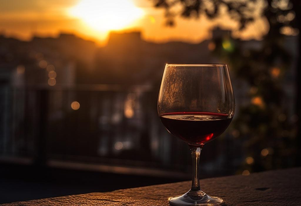 Copa de vino en un atardecer