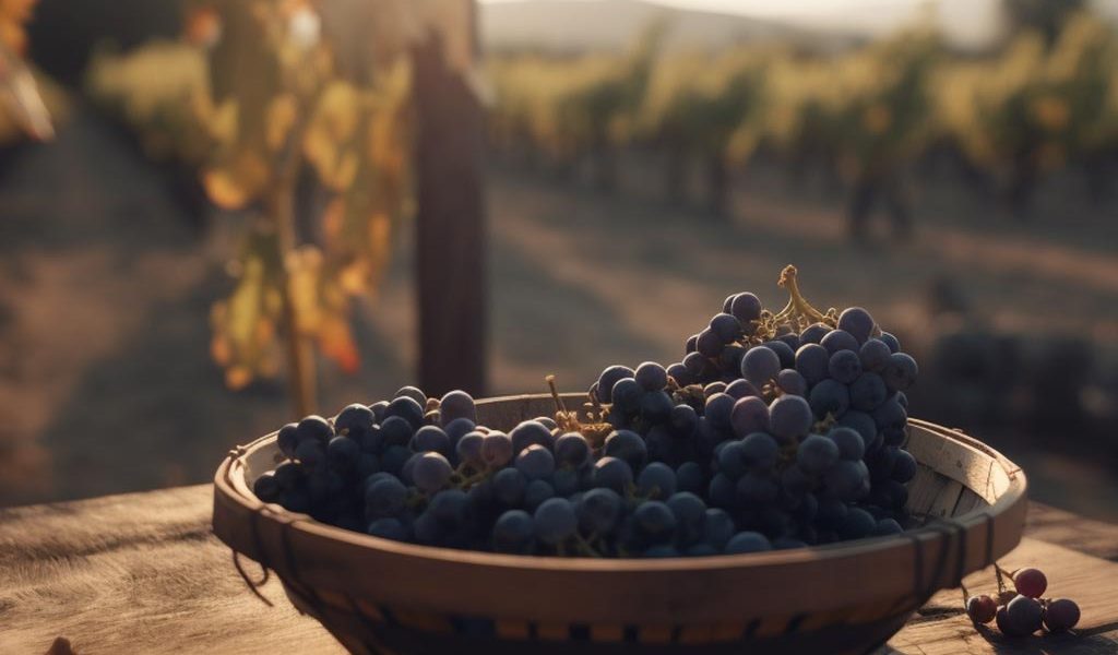 Uvas en una cesta, viñedo en el fondo.